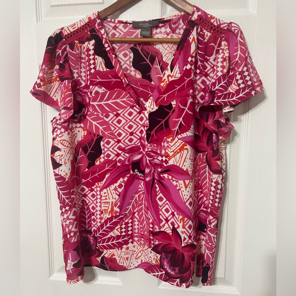 Olivia & Martin Women’s Pink Floral Blouse Ruffle Sleeve V Neck Size L
